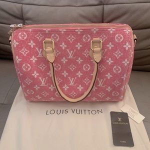 Designer inspired Pink Monogram Denim Nano Speedy Gold Hardware